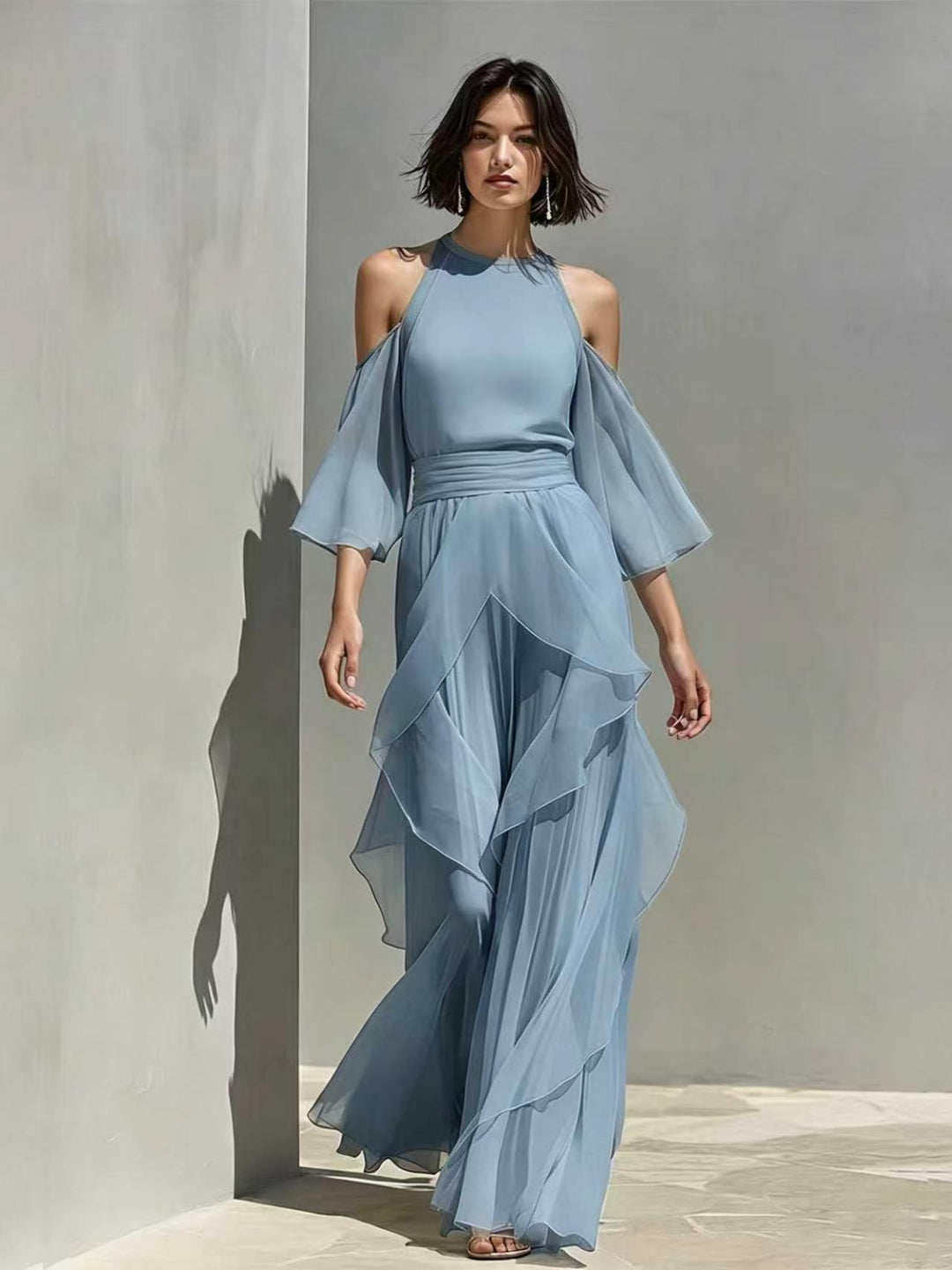Solene cold shoulder chiffon blouse and wide leg pant set in light blue