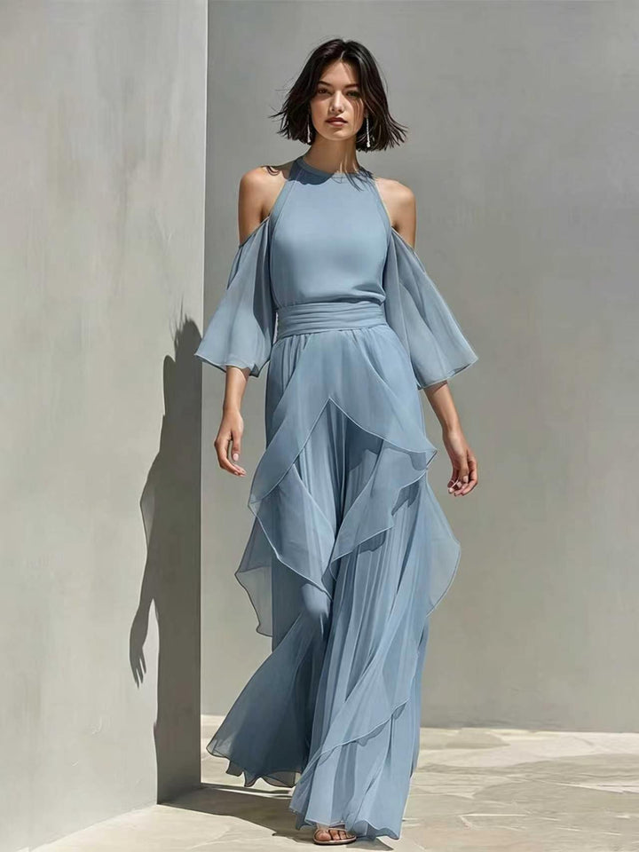 Solene cold shoulder chiffon blouse and wide leg pant set in light blue