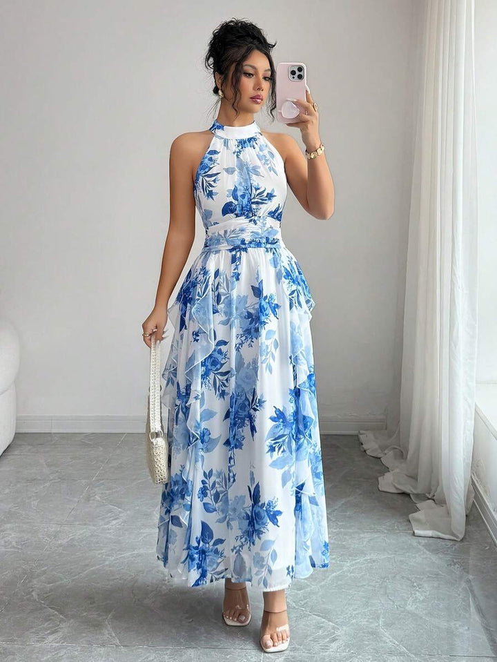 Felicity - Halter Neck Floral Ruffle Maxi Dress