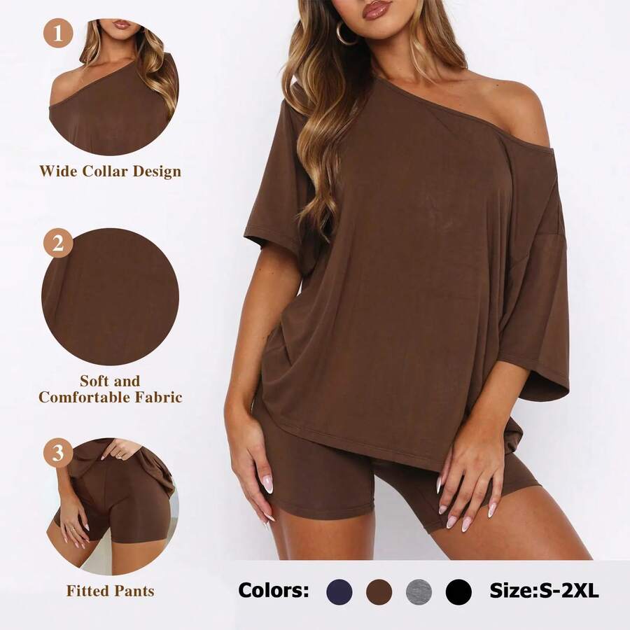 Women's Casual Two Piece Lounge Set Off Shoulder Top & Shorts