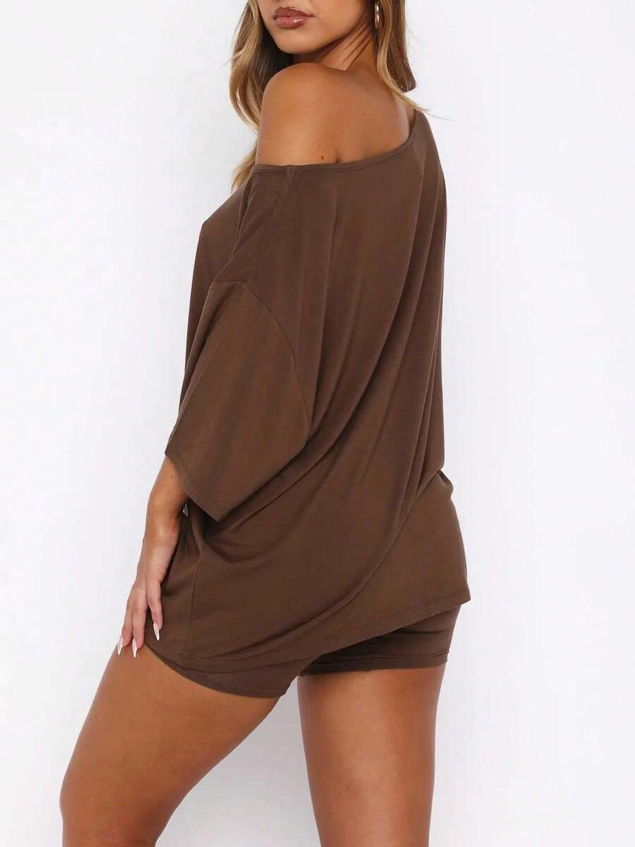 Women's Casual Two Piece Lounge Set Off Shoulder Top & Shorts