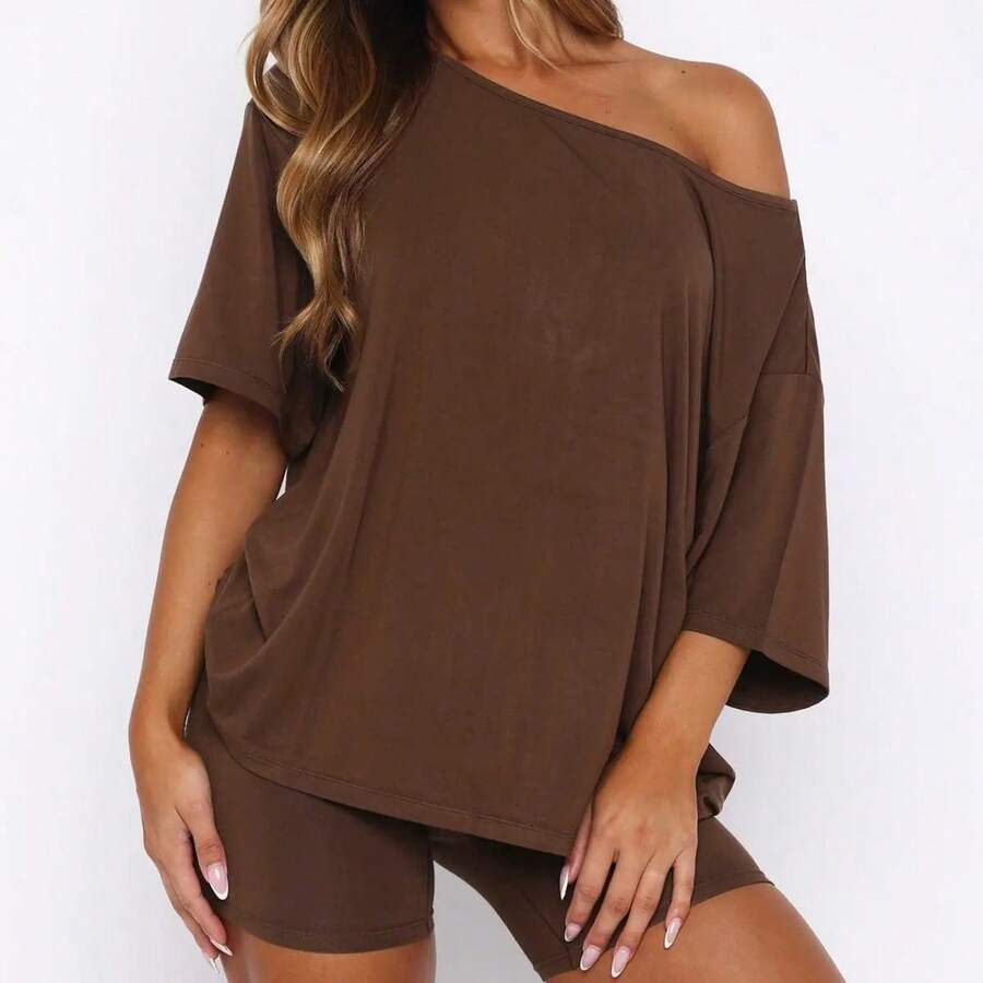 Women's Casual Two Piece Lounge Set Off Shoulder Top & Shorts