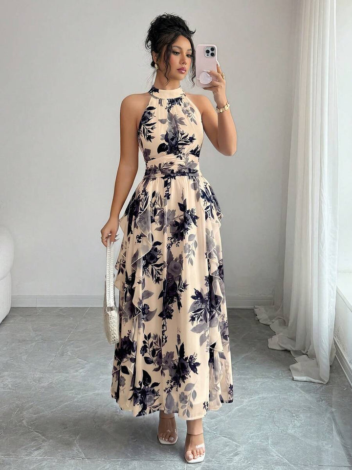 Felicity - Halter Neck Floral Ruffle Maxi Dress