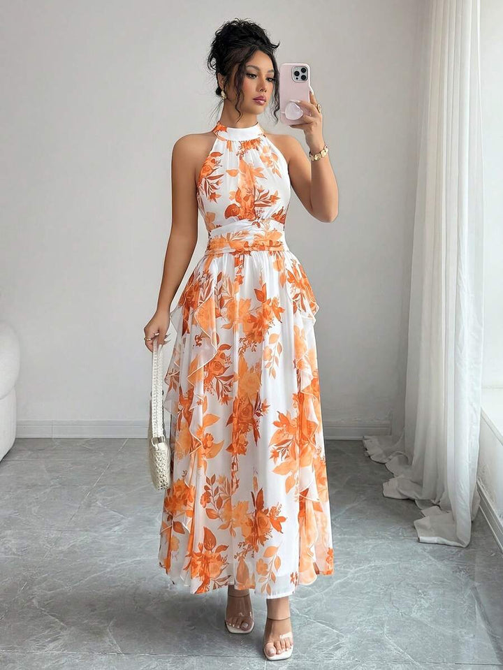 Felicity - Halter Neck Floral Ruffle Maxi Dress