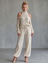 Questa - Open Shoulder Knit Top And Wide Leg Pants Set