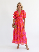 Willow™ - Floral V Neck Puff Sleeve Midi Dress
