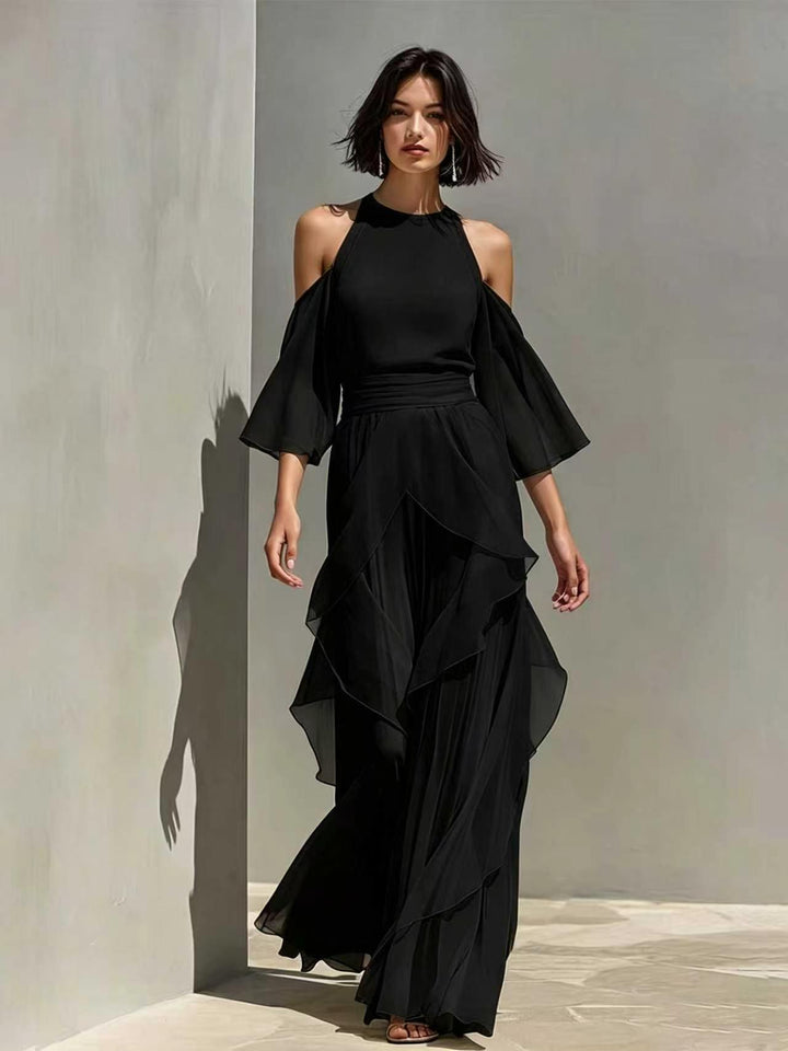 Solene cold shoulder chiffon blouse and wide leg pant set in black