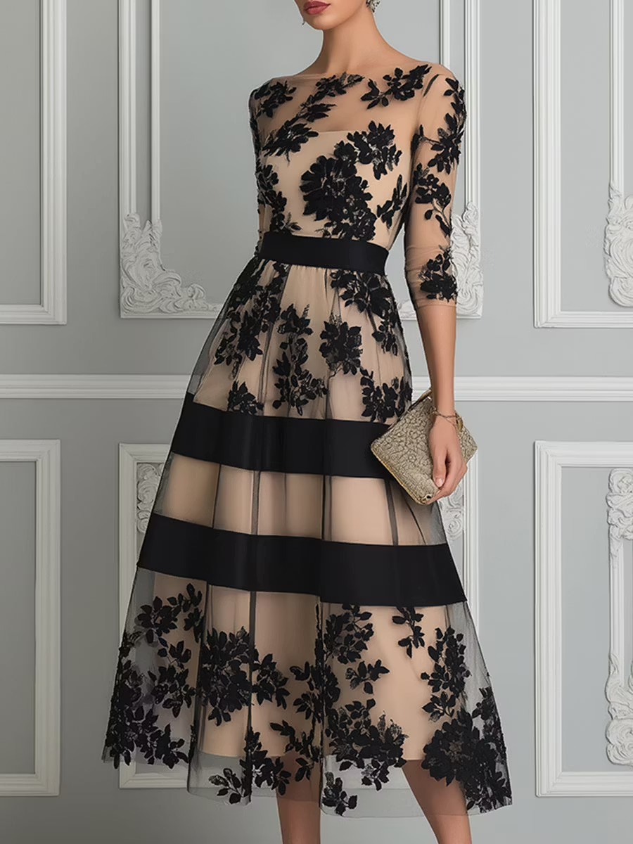 Sierra - Elegant Black Lace Midi A-Line Dress