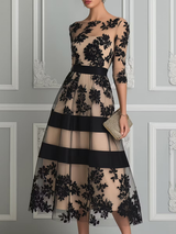 Sierra - Elegant Black Lace Midi A-Line Dress