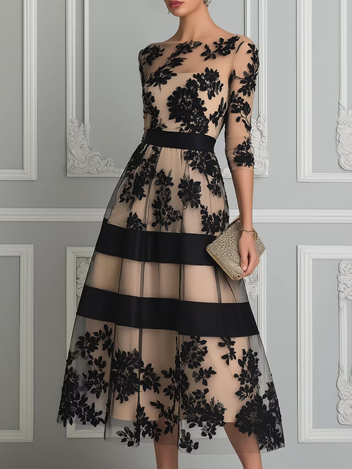 Sierra - Elegant Black Lace Midi A-Line Dress