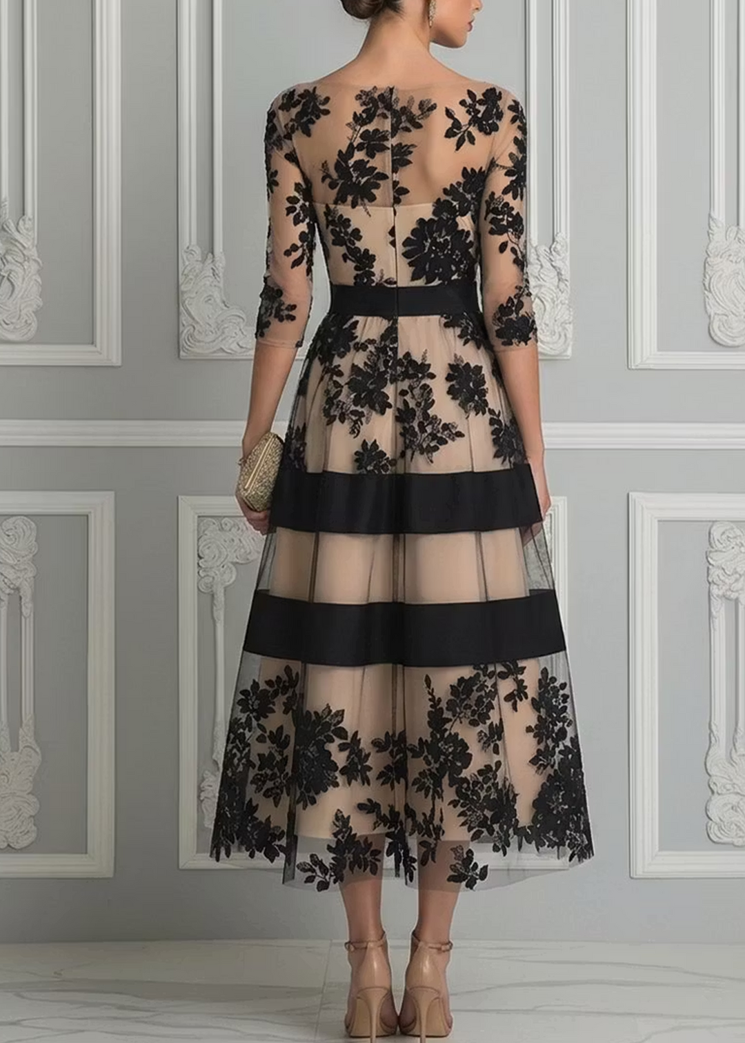 Sierra - Elegant Black Lace Midi A-Line Dress