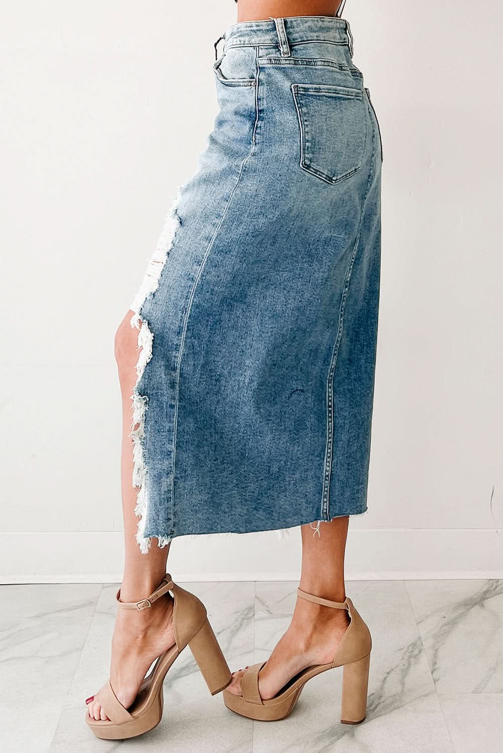 Distressed Raw Hem Denim Midi Skirt