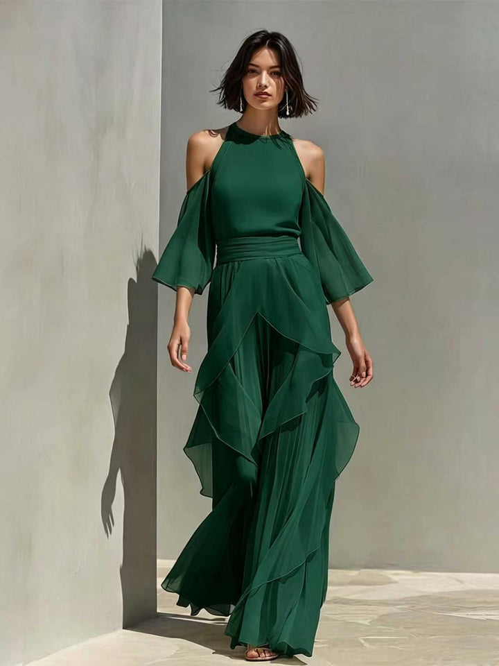 Solene cold shoulder chiffon blouse and wide leg pant set in green