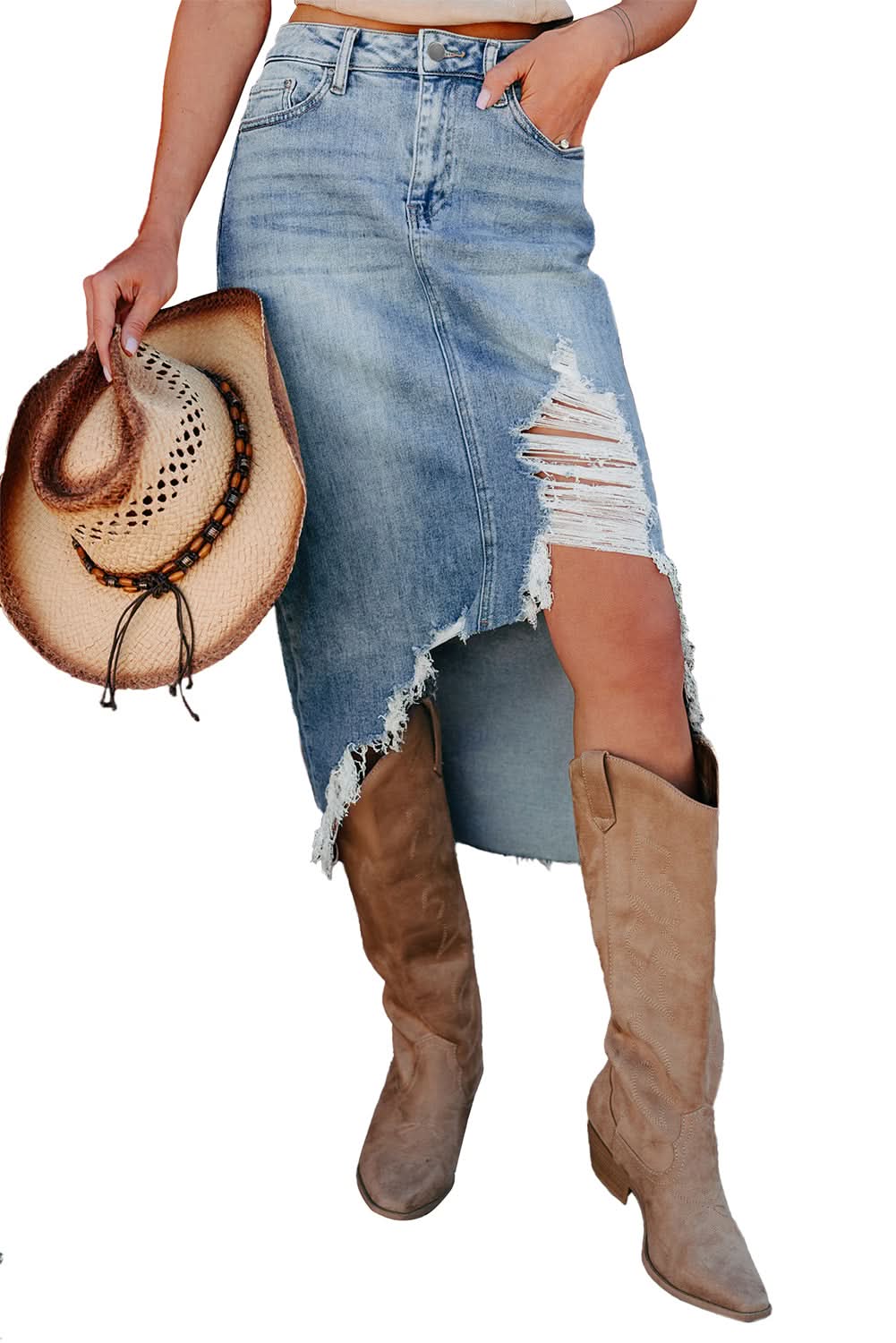 Distressed Raw Hem Denim Midi Skirt