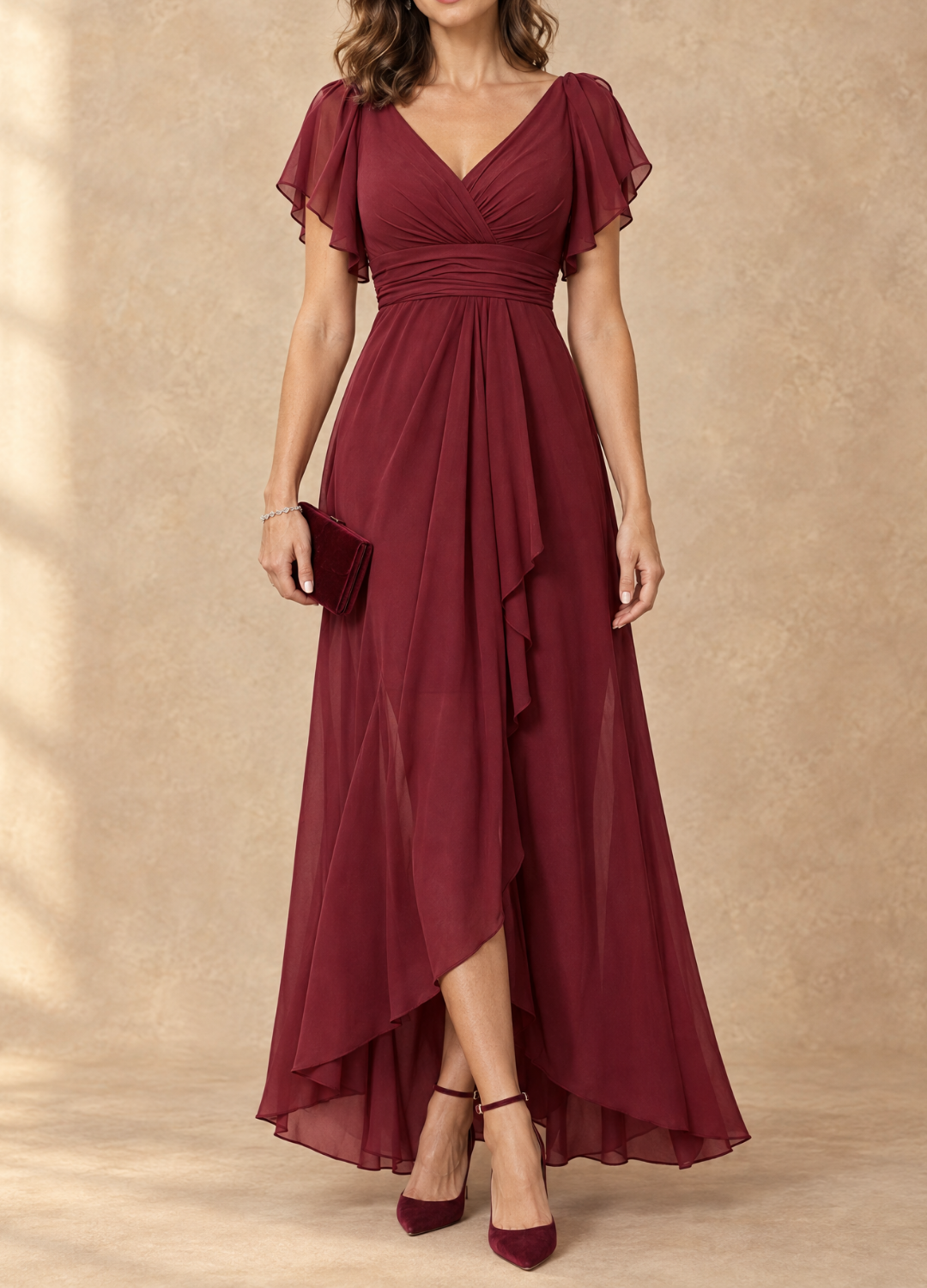 Denise - Flutter Sleeve High-Low Chiffon Maxi Dress