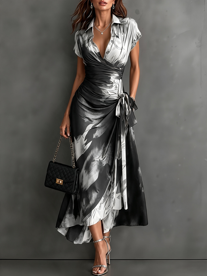 Red Black Abstract Print Wrap Midi Dress Collared V Neck Short Sleeve Tie Waist Ruffled High‑Low Hem Dress