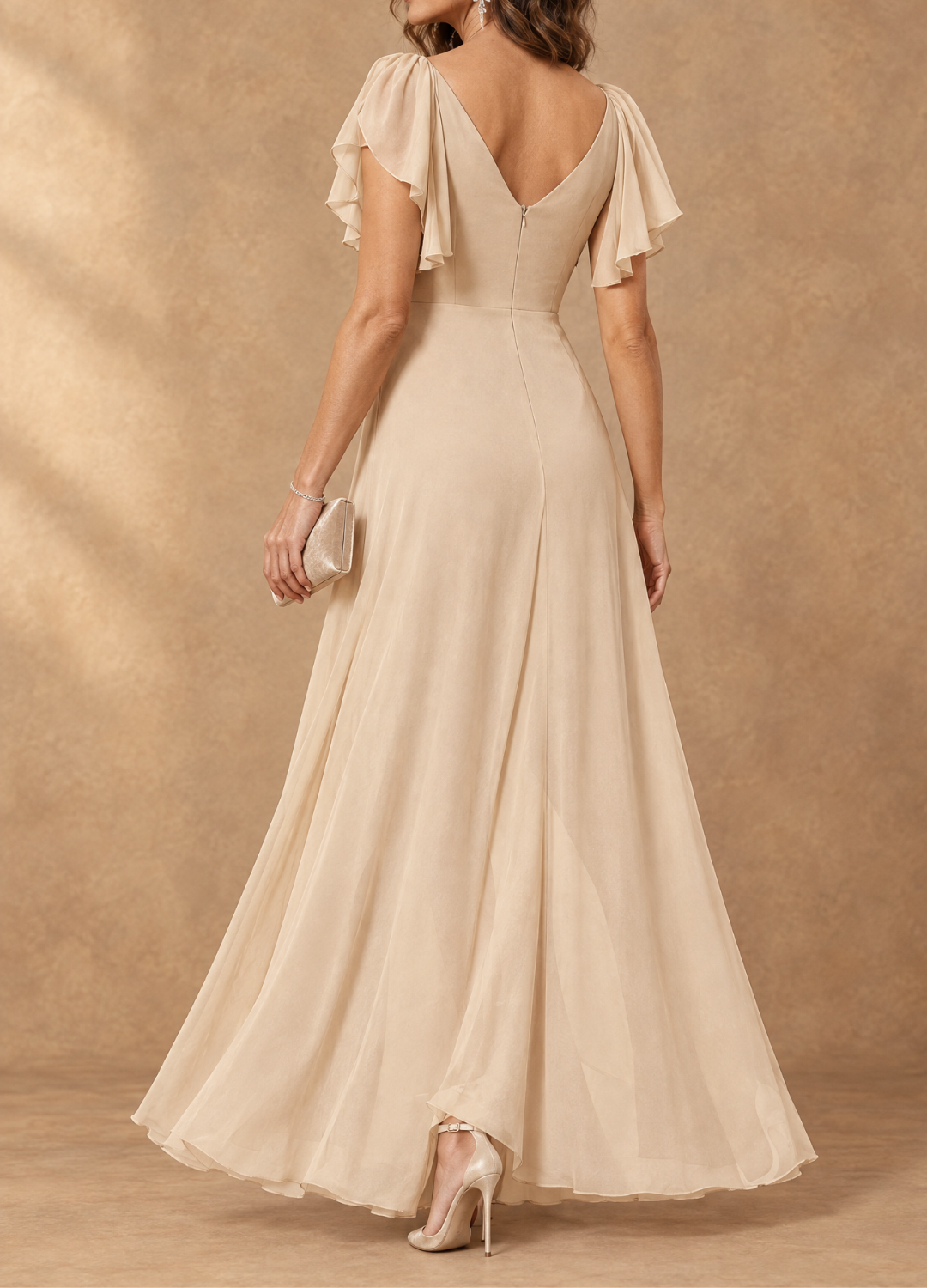 Denise - Flutter Sleeve High-Low Chiffon Maxi Dress