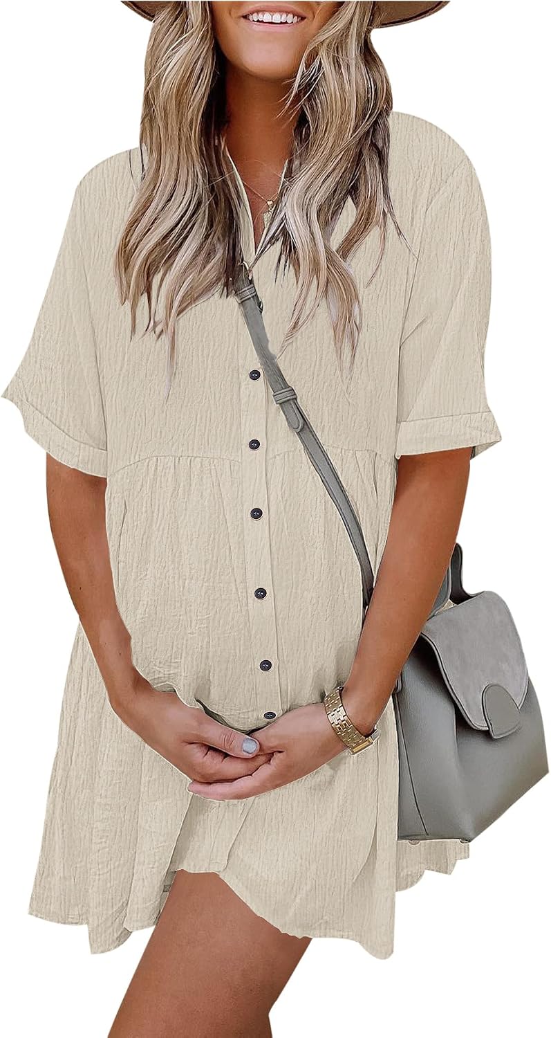 Women's Summer Babydoll Dress Casual Short Sleeve Sundress Button Down Dresses with Pockets