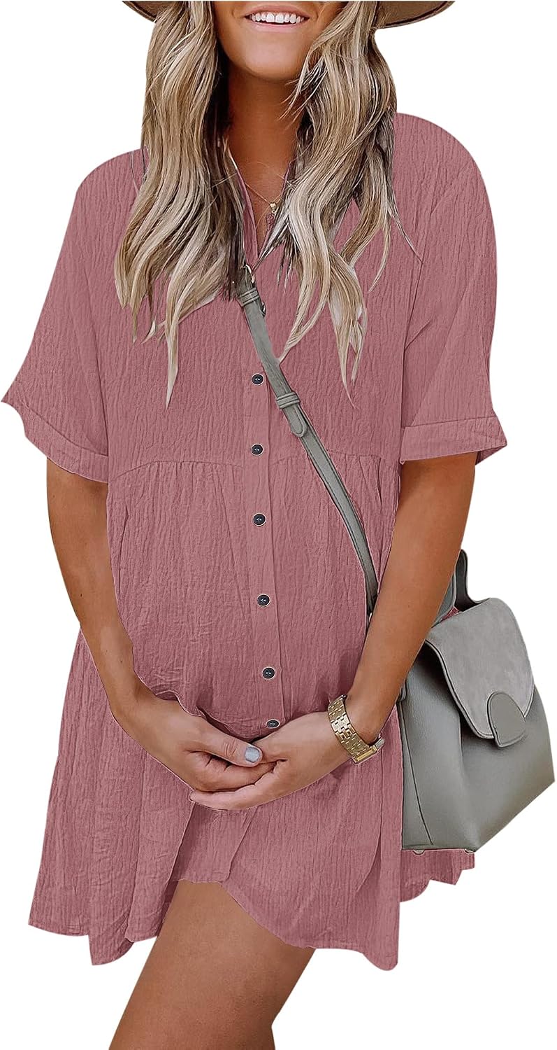Women's Summer Babydoll Dress Casual Short Sleeve Sundress Button Down Dresses with Pockets