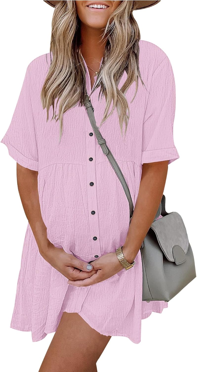 Women's Summer Babydoll Dress Casual Short Sleeve Sundress Button Down Dresses with Pockets