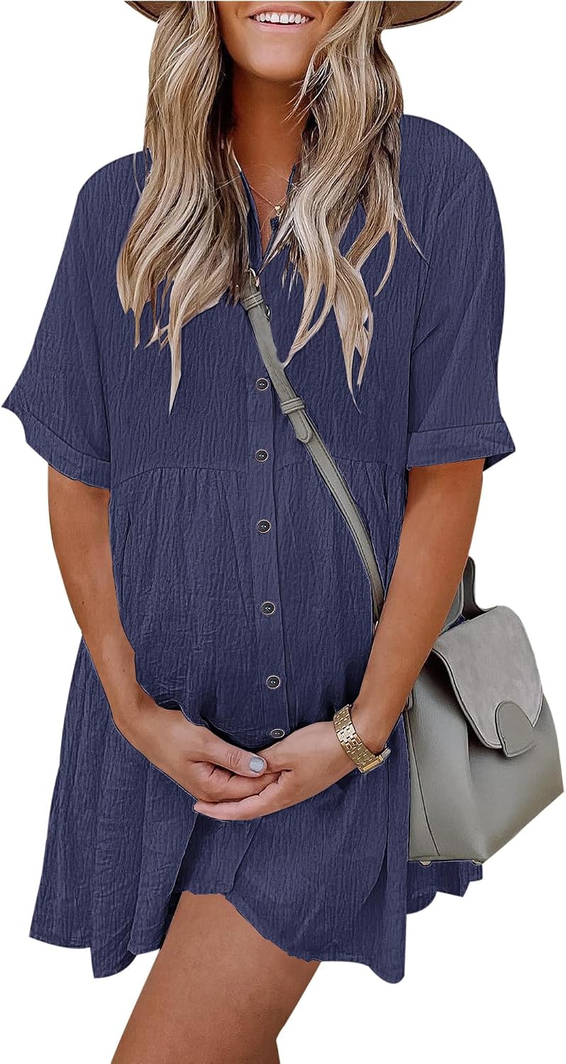 Women's Summer Babydoll Dress Casual Short Sleeve Sundress Button Down Dresses with Pockets