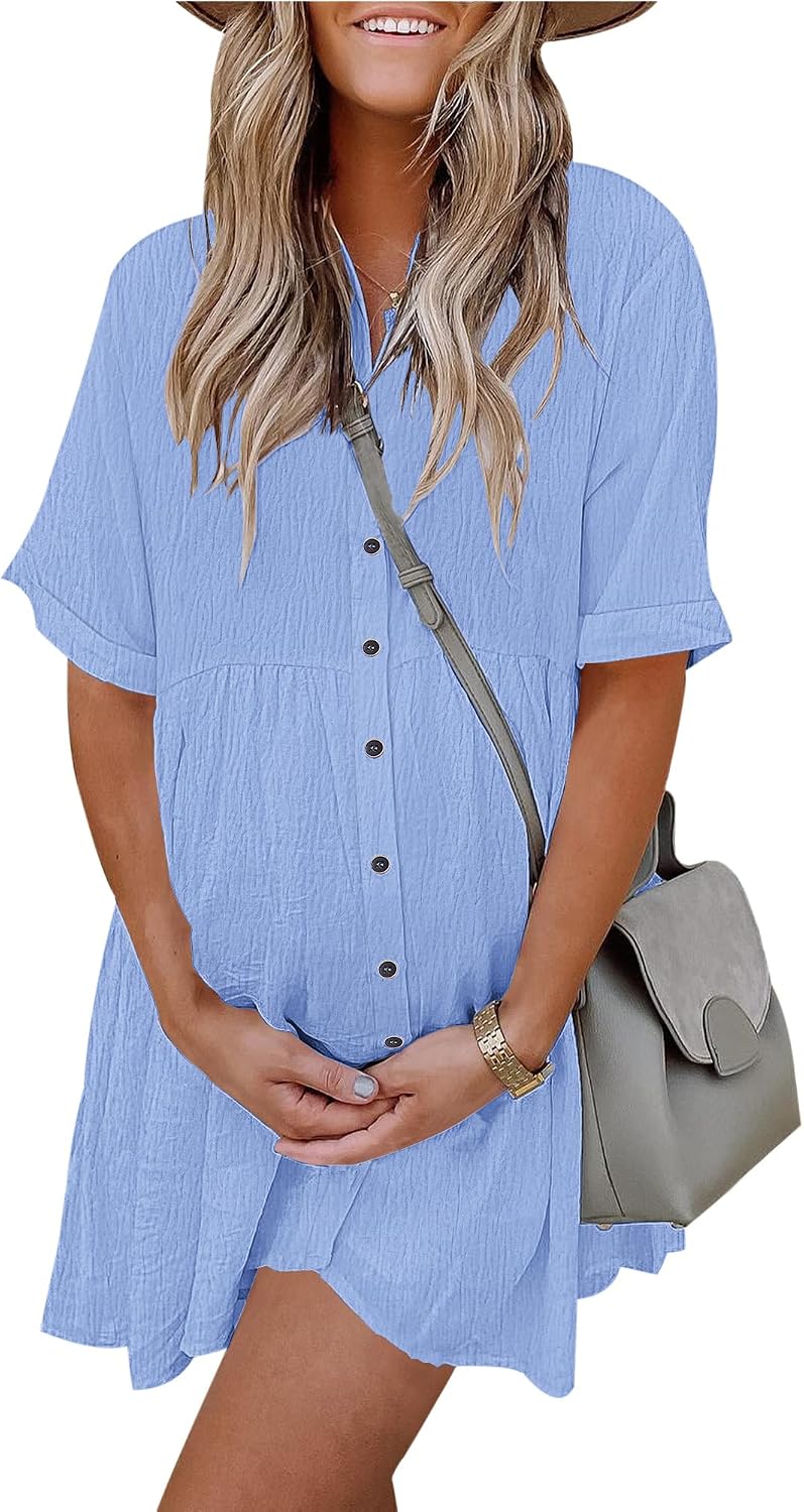 Women's Summer Babydoll Dress Casual Short Sleeve Sundress Button Down Dresses with Pockets