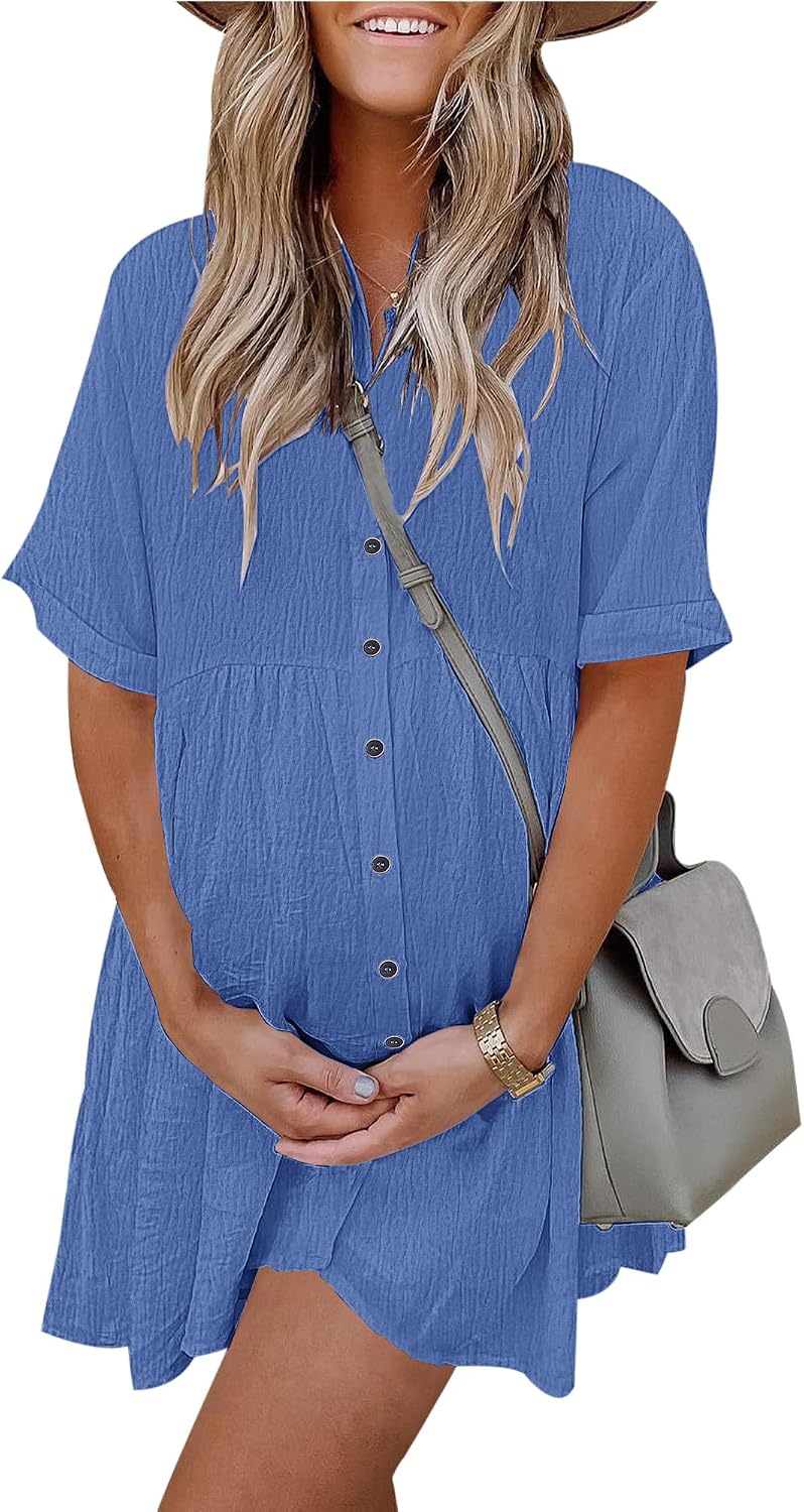 Women's Summer Babydoll Dress Casual Short Sleeve Sundress Button Down Dresses with Pockets