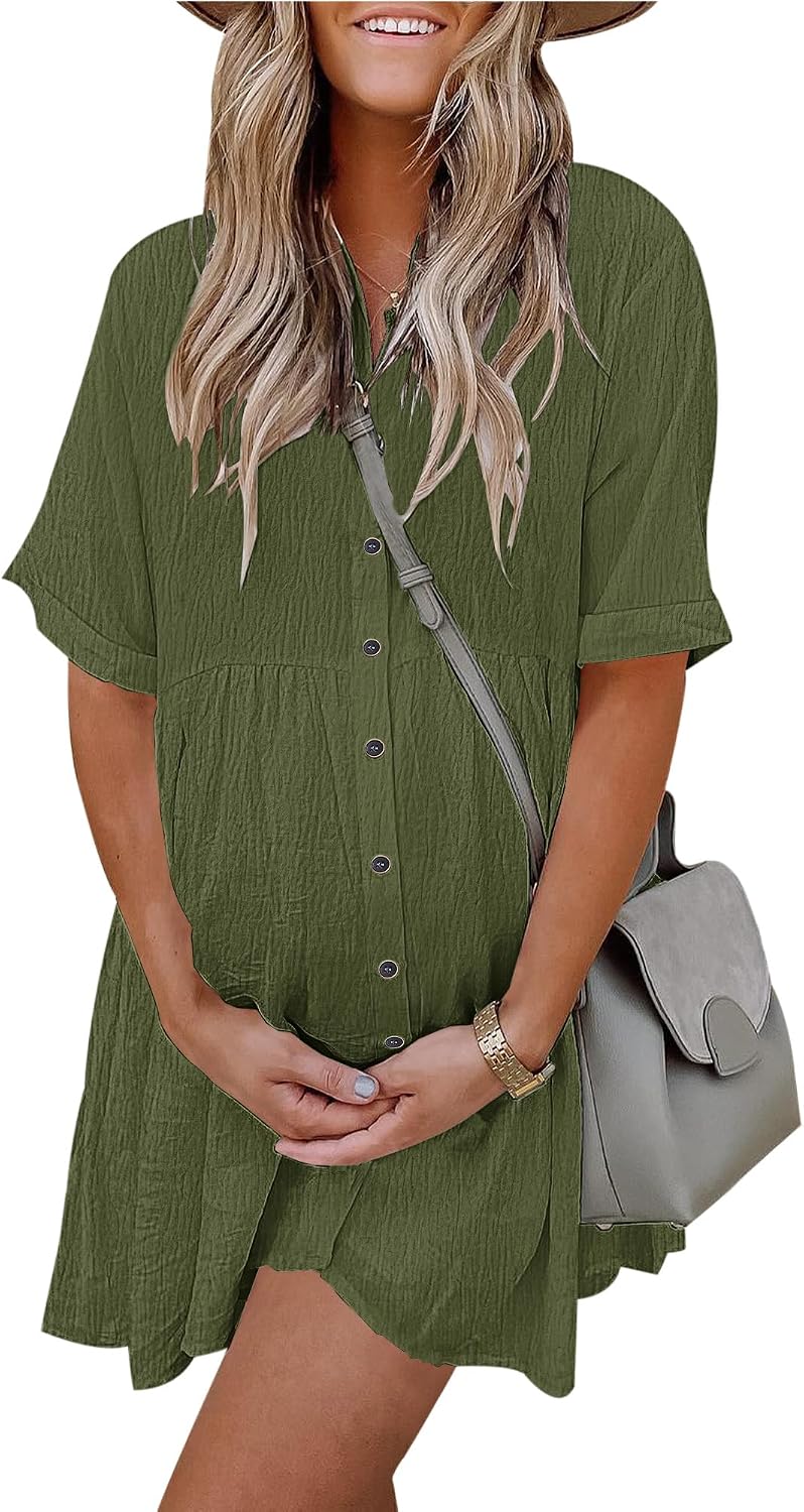 Women's Summer Babydoll Dress Casual Short Sleeve Sundress Button Down Dresses with Pockets