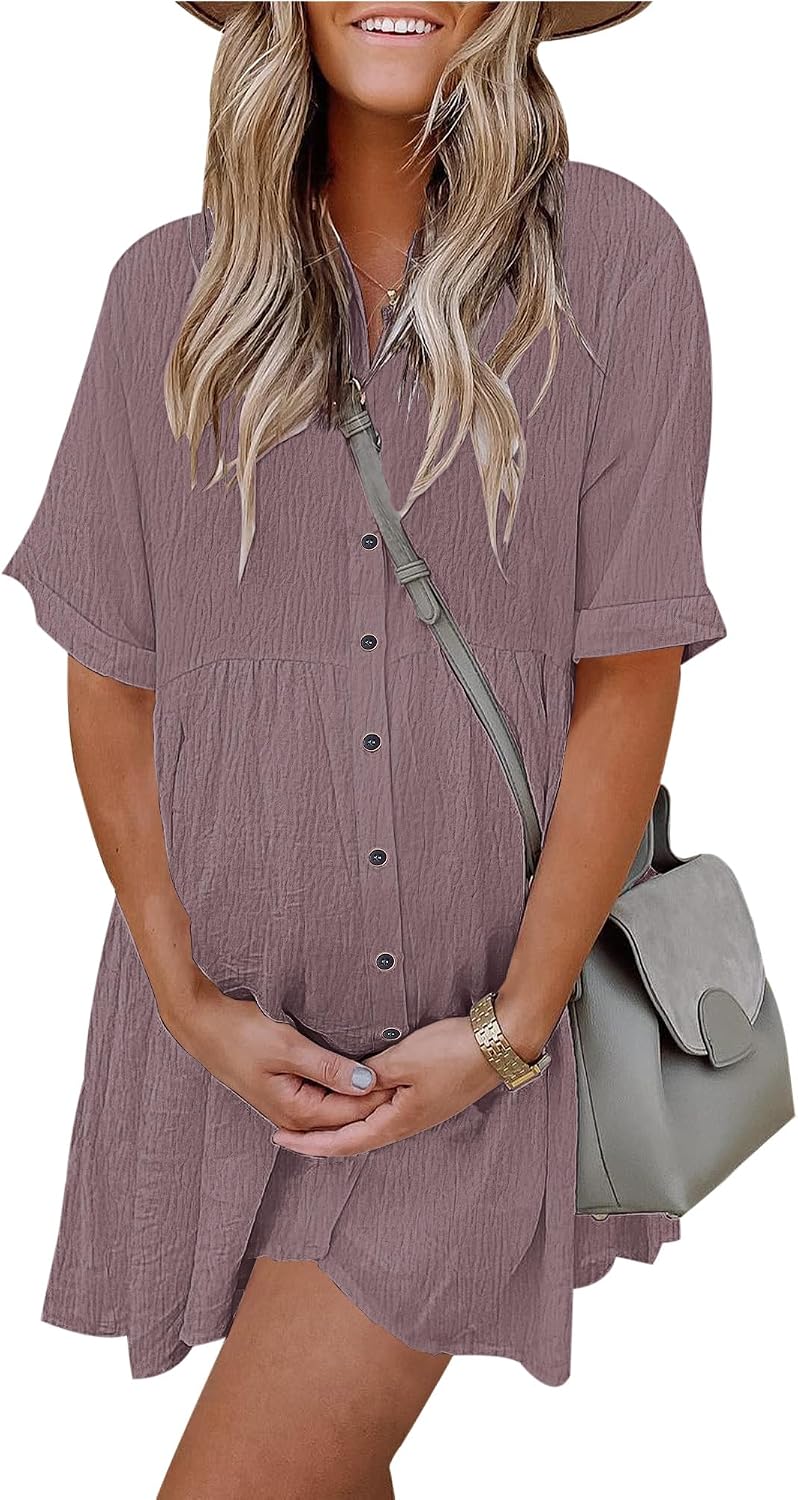 Women's Summer Babydoll Dress Casual Short Sleeve Sundress Button Down Dresses with Pockets