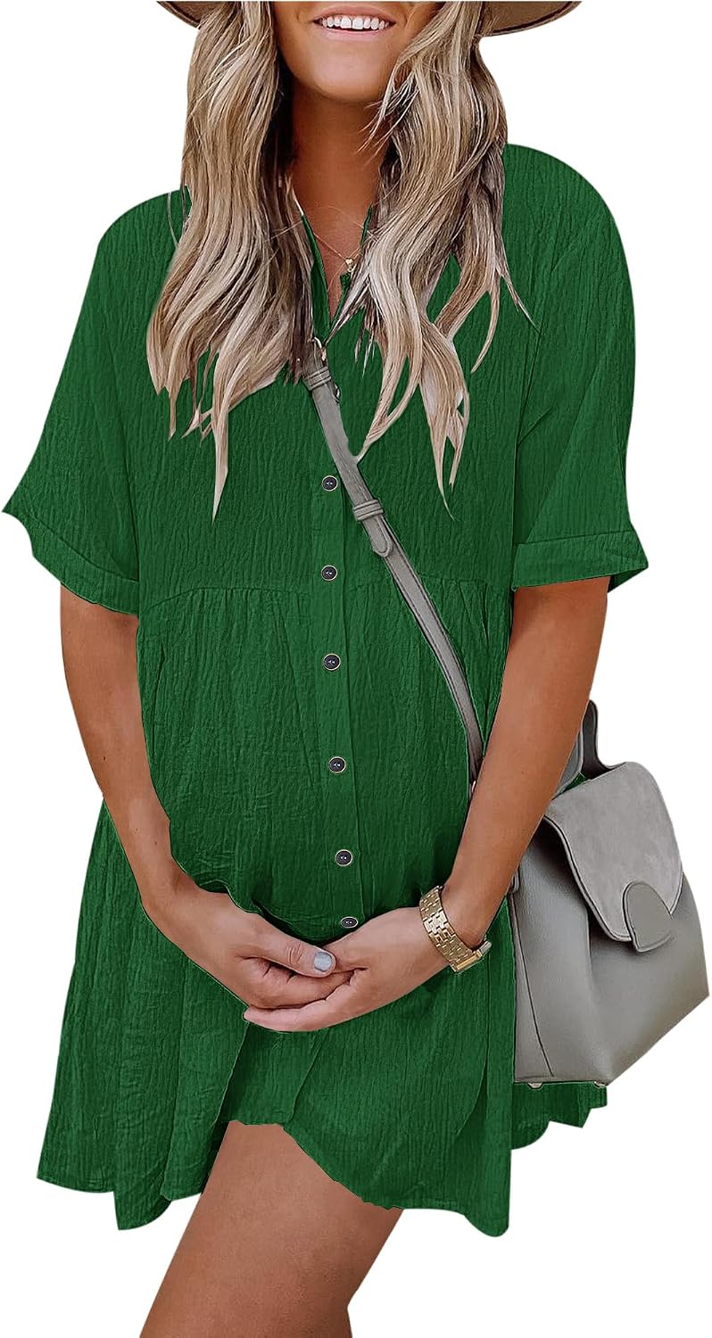 Women's Summer Babydoll Dress Casual Short Sleeve Sundress Button Down Dresses with Pockets