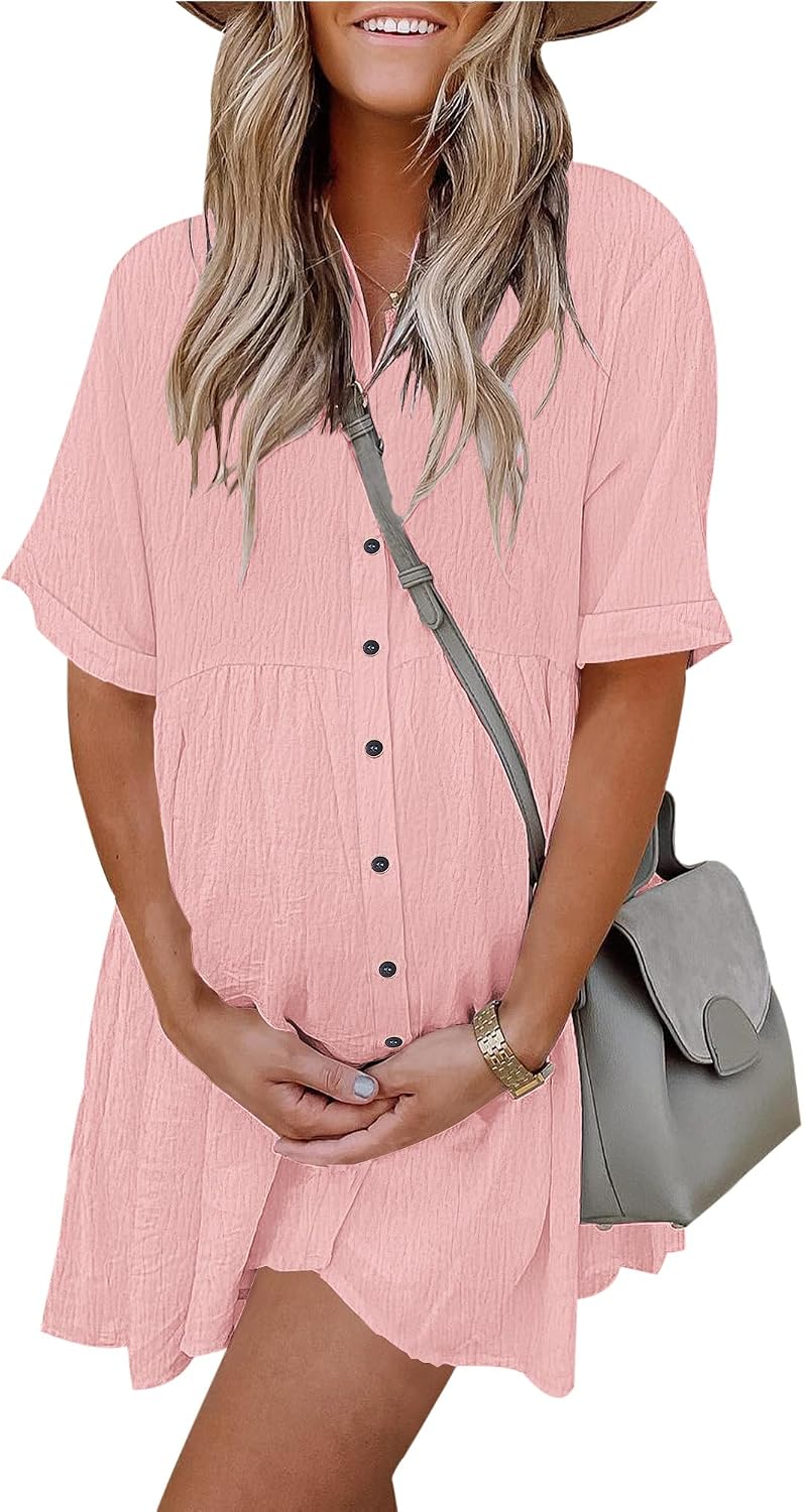 Women's Summer Babydoll Dress Casual Short Sleeve Sundress Button Down Dresses with Pockets