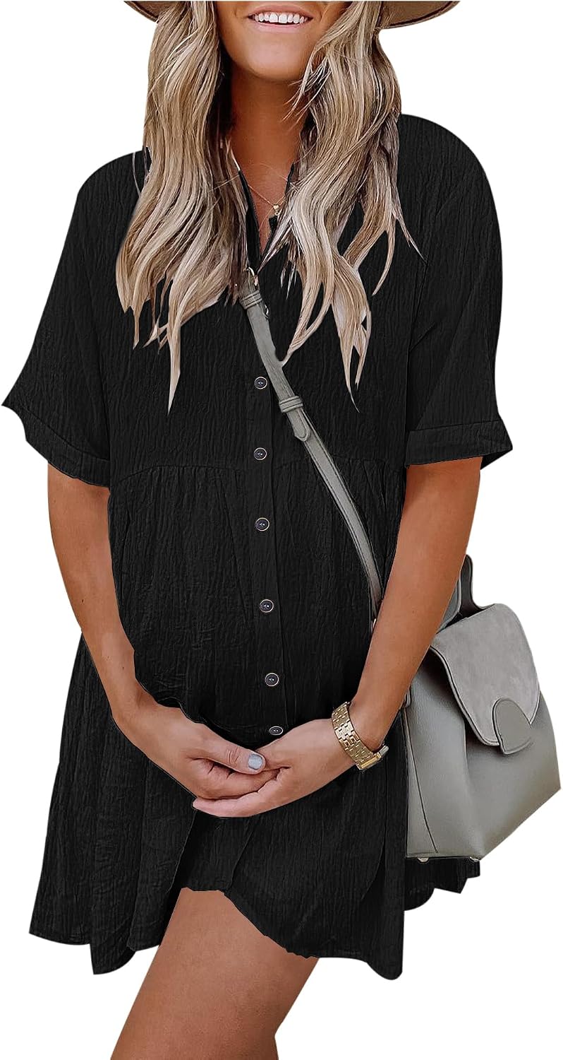 Women's Summer Babydoll Dress Casual Short Sleeve Sundress Button Down Dresses with Pockets