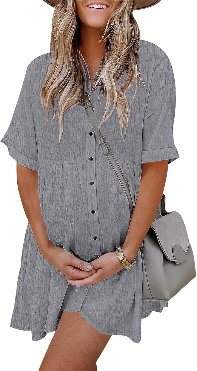 Women's Summer Babydoll Dress Casual Short Sleeve Sundress Button Down Dresses with Pockets