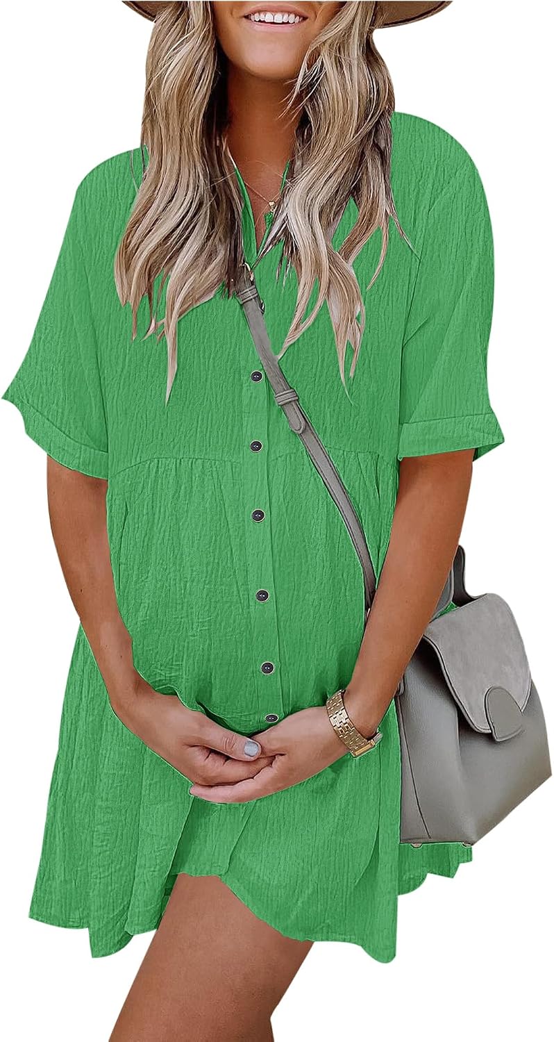 Women's Summer Babydoll Dress Casual Short Sleeve Sundress Button Down Dresses with Pockets