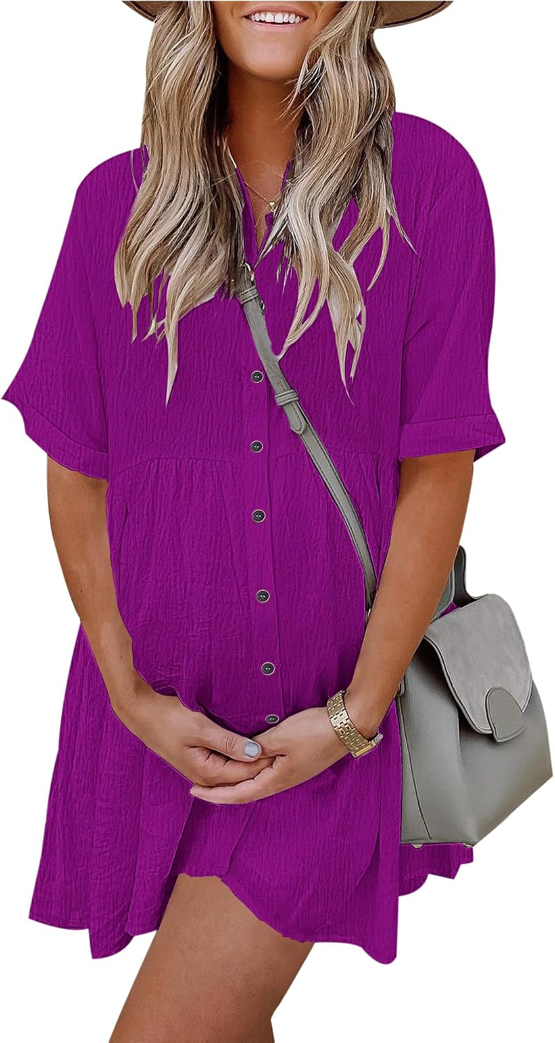 Women's Summer Babydoll Dress Casual Short Sleeve Sundress Button Down Dresses with Pockets