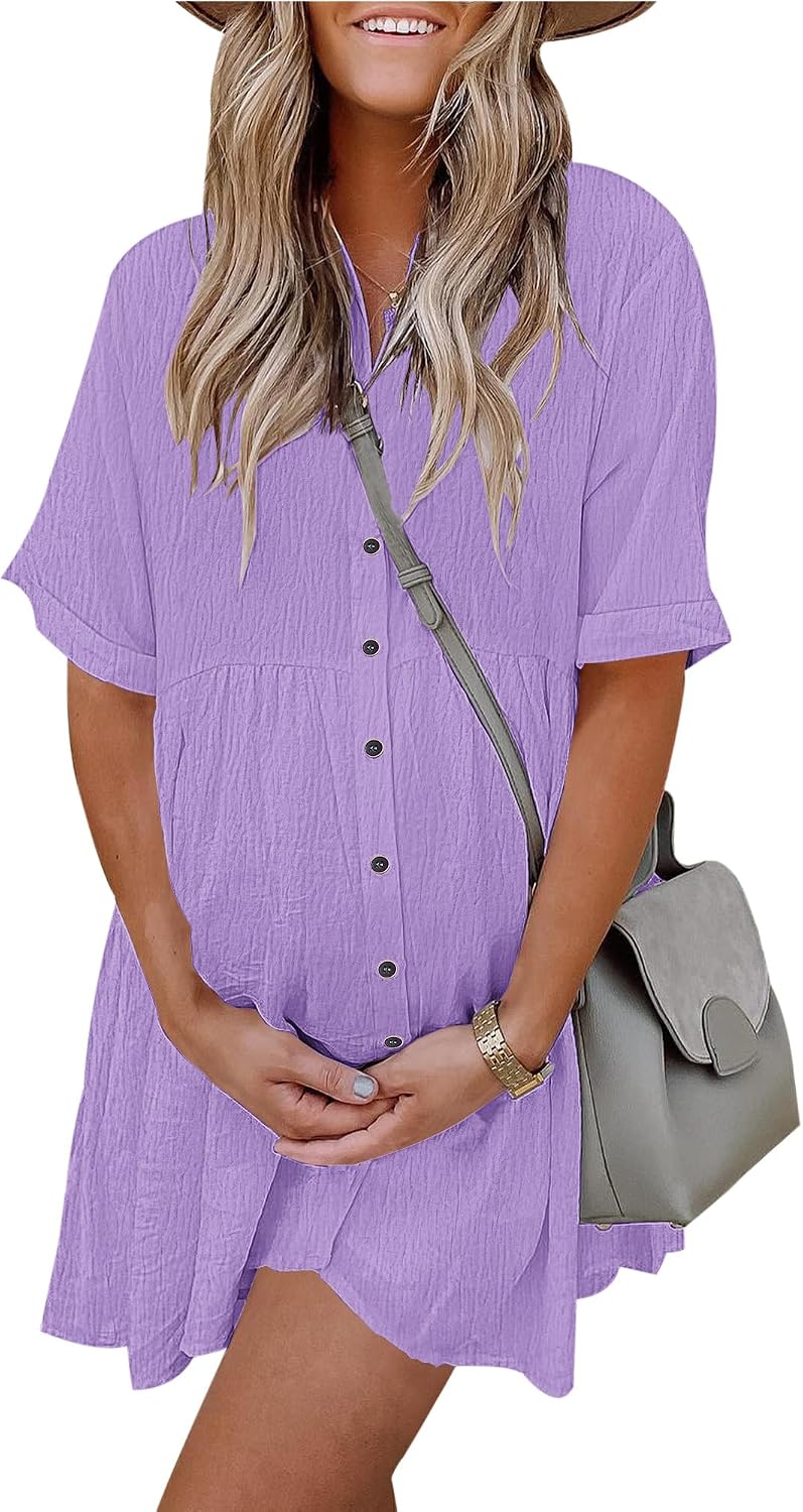 Women's Summer Babydoll Dress Casual Short Sleeve Sundress Button Down Dresses with Pockets