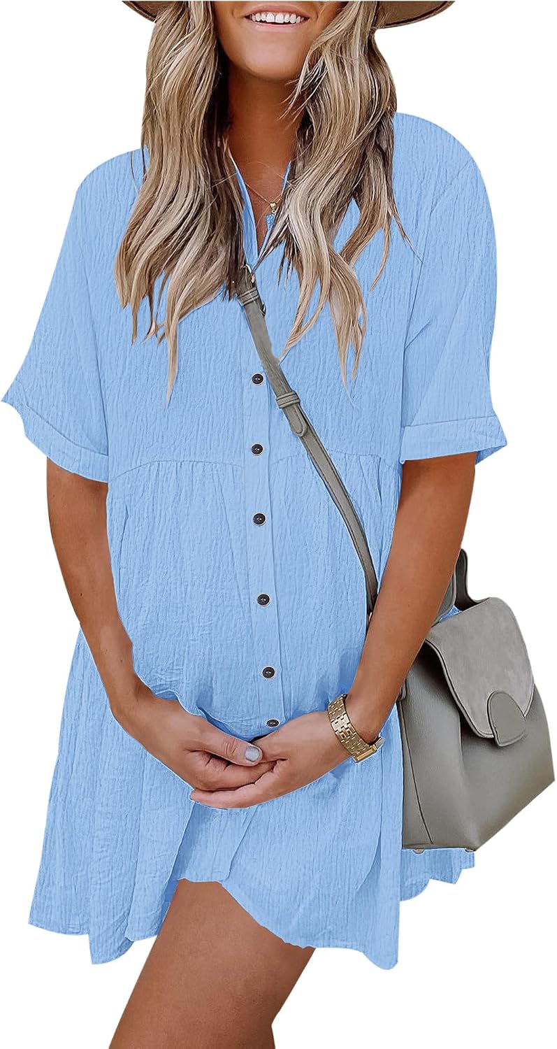 Women's Summer Babydoll Dress Casual Short Sleeve Sundress Button Down Dresses with Pockets
