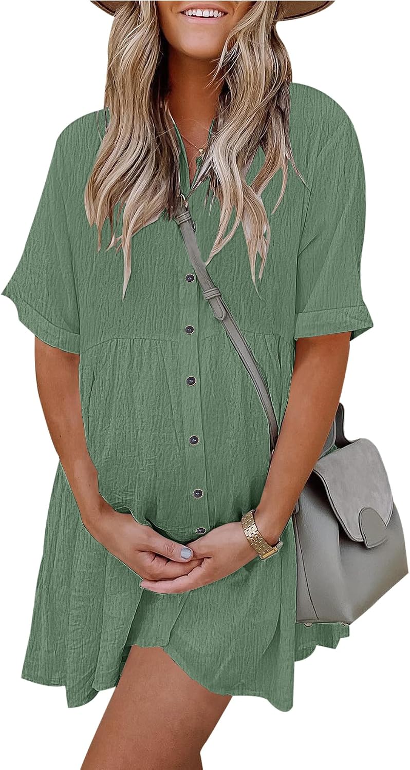 Women's Summer Babydoll Dress Casual Short Sleeve Sundress Button Down Dresses with Pockets