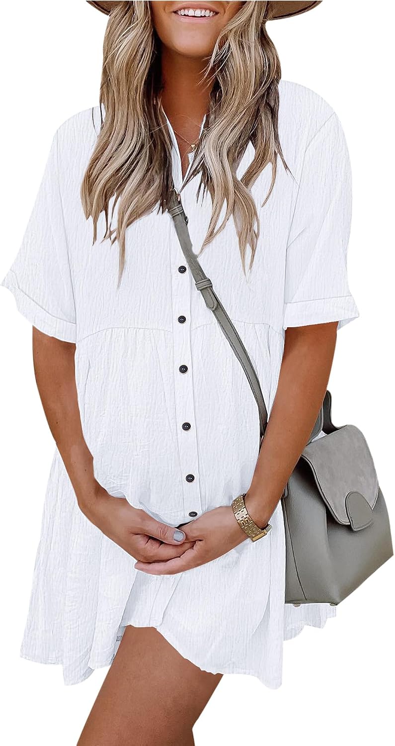 Women's Summer Babydoll Dress Casual Short Sleeve Sundress Button Down Dresses with Pockets