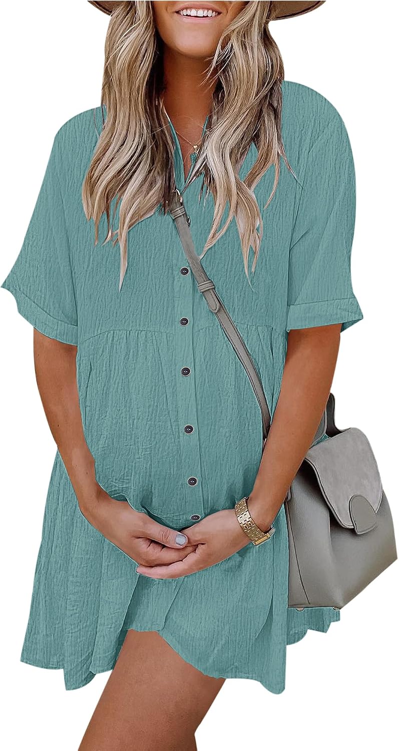 Women's Summer Babydoll Dress Casual Short Sleeve Sundress Button Down Dresses with Pockets