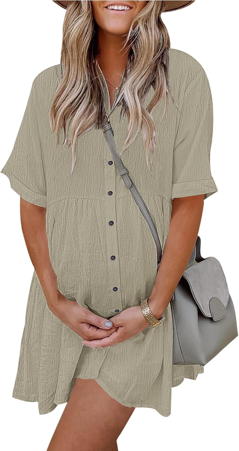 Women's Summer Babydoll Dress Casual Short Sleeve Sundress Button Down Dresses with Pockets