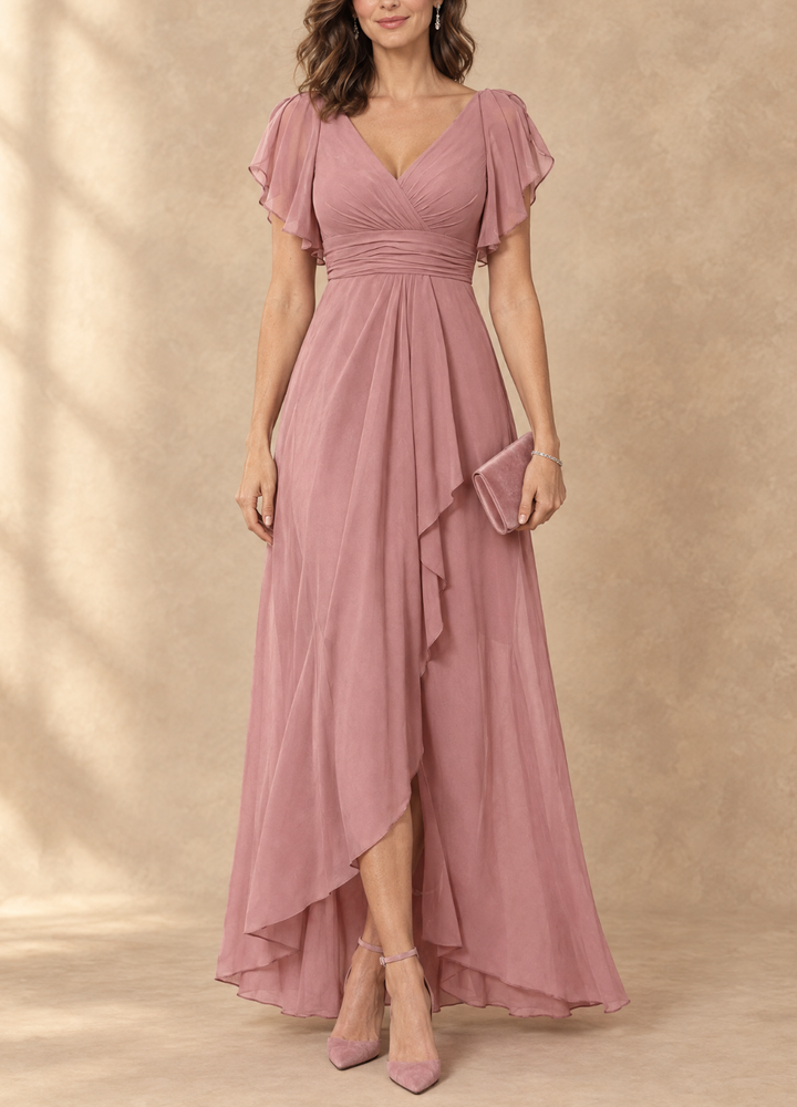 Denise - Flutter Sleeve High-Low Chiffon Maxi Dress