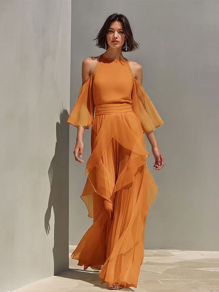 Solene chiffon two piece set in orange, full length