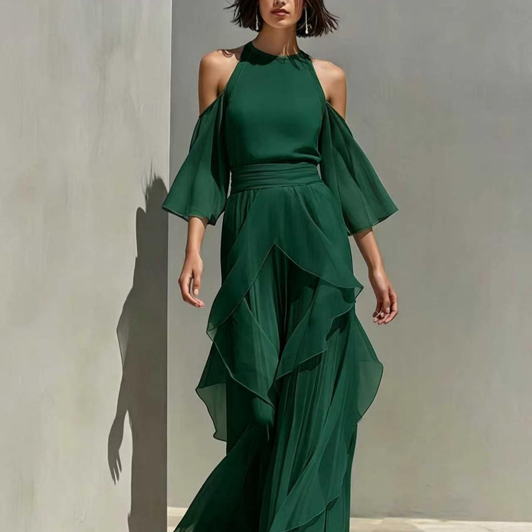 Solene chiffon two piece set in green, detail view