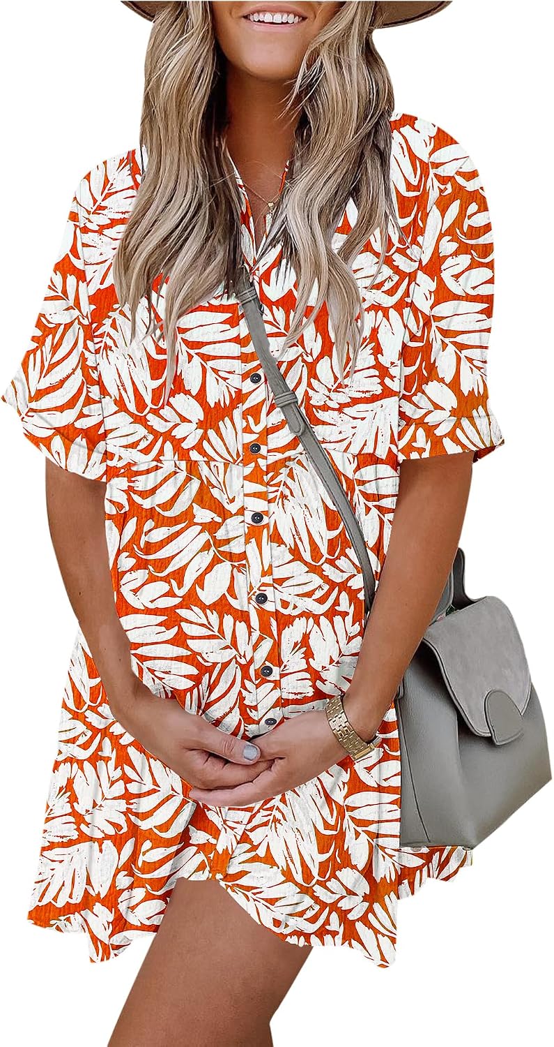 Women's Summer Babydoll Dress Casual Short Sleeve Sundress Button Down Dresses with Pockets