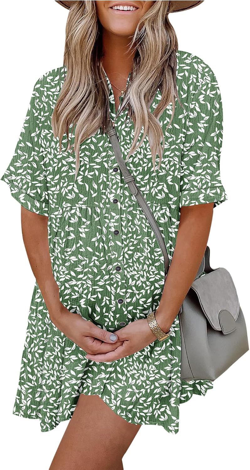 Women's Summer Babydoll Dress Casual Short Sleeve Sundress Button Down Dresses with Pockets