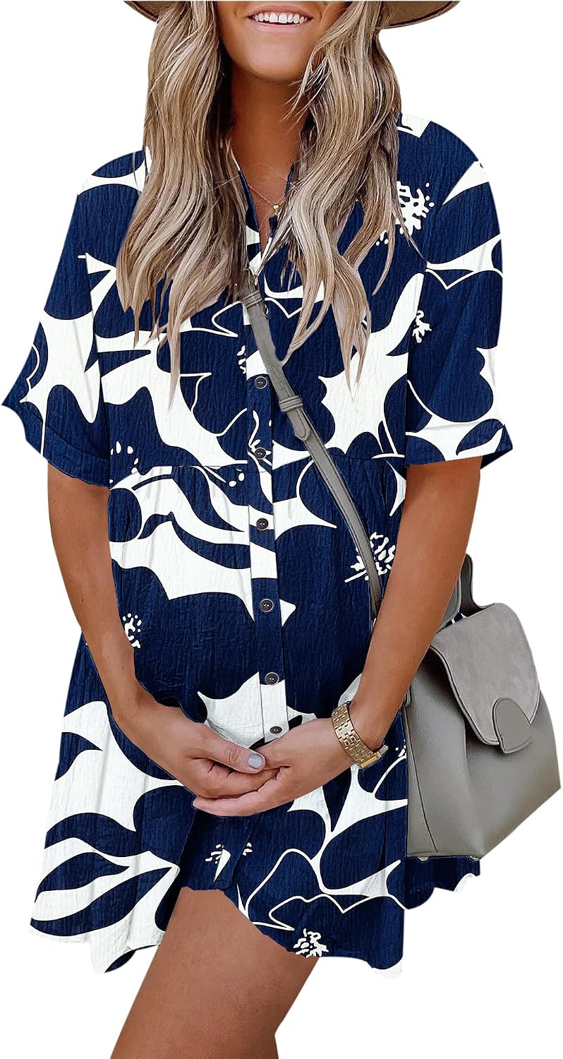 Women's Summer Babydoll Dress Casual Short Sleeve Sundress Button Down Dresses with Pockets