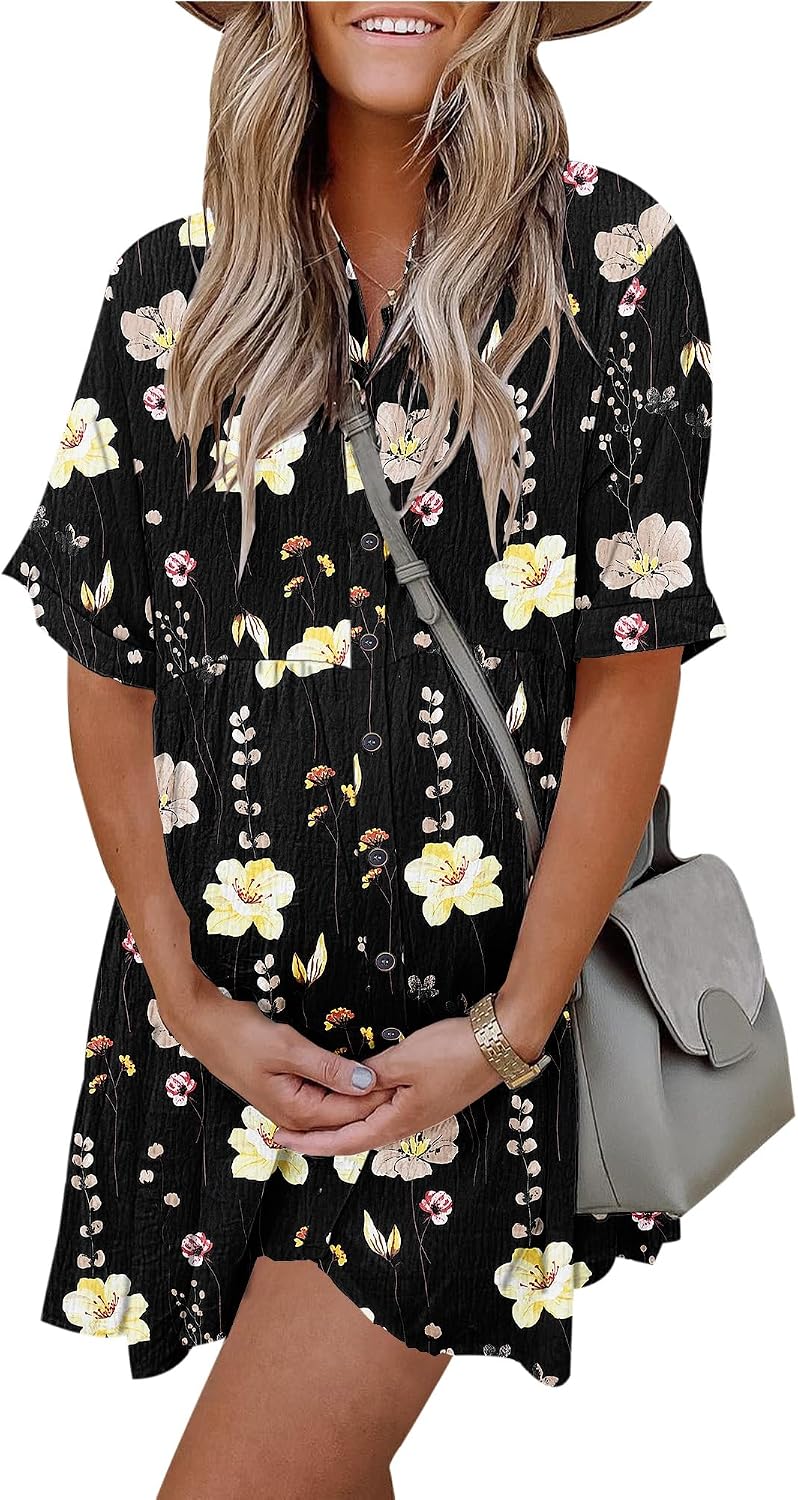 Women's Summer Babydoll Dress Casual Short Sleeve Sundress Button Down Dresses with Pockets