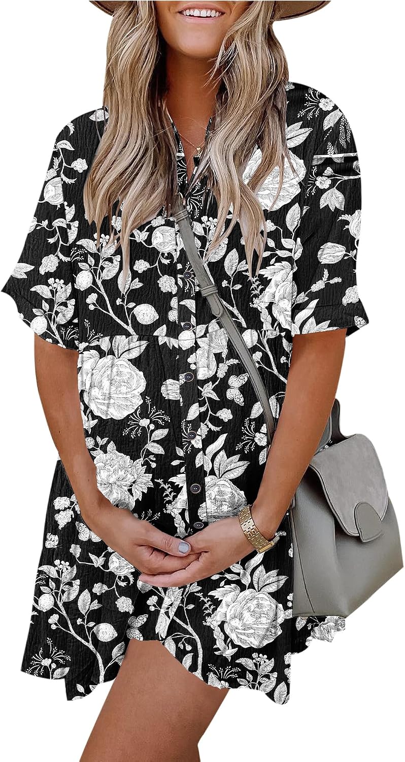 Women's Summer Babydoll Dress Casual Short Sleeve Sundress Button Down Dresses with Pockets