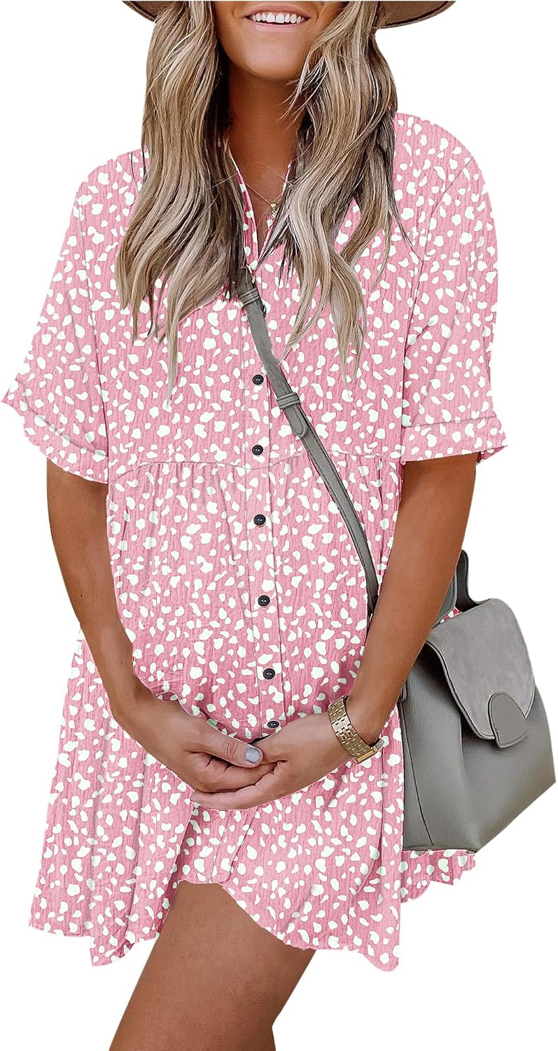 Women's Summer Babydoll Dress Casual Short Sleeve Sundress Button Down Dresses with Pockets